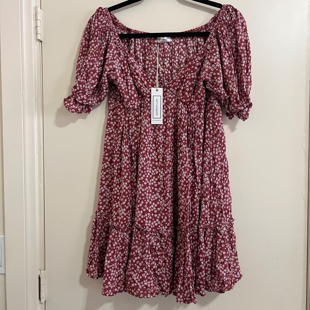 Shop Neighbor Floral Babydoll Dress M Rust Puff Sleeve Cottage Boho Romantic.